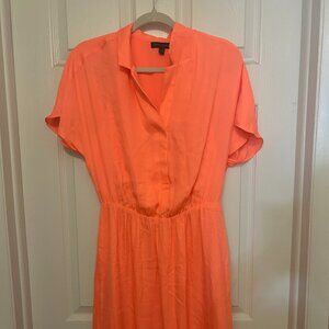 Banana Republic Belted Flounce Shirt Dress Midi Pockets Lined Neon Coral Sz 10